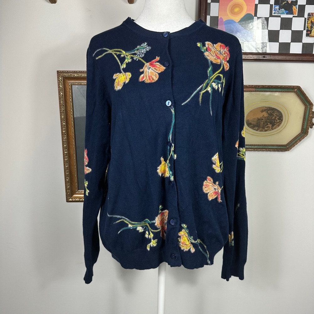 Daniel Rainn Navy Cardigan Sweater with Colorful Illustrated Floral Print